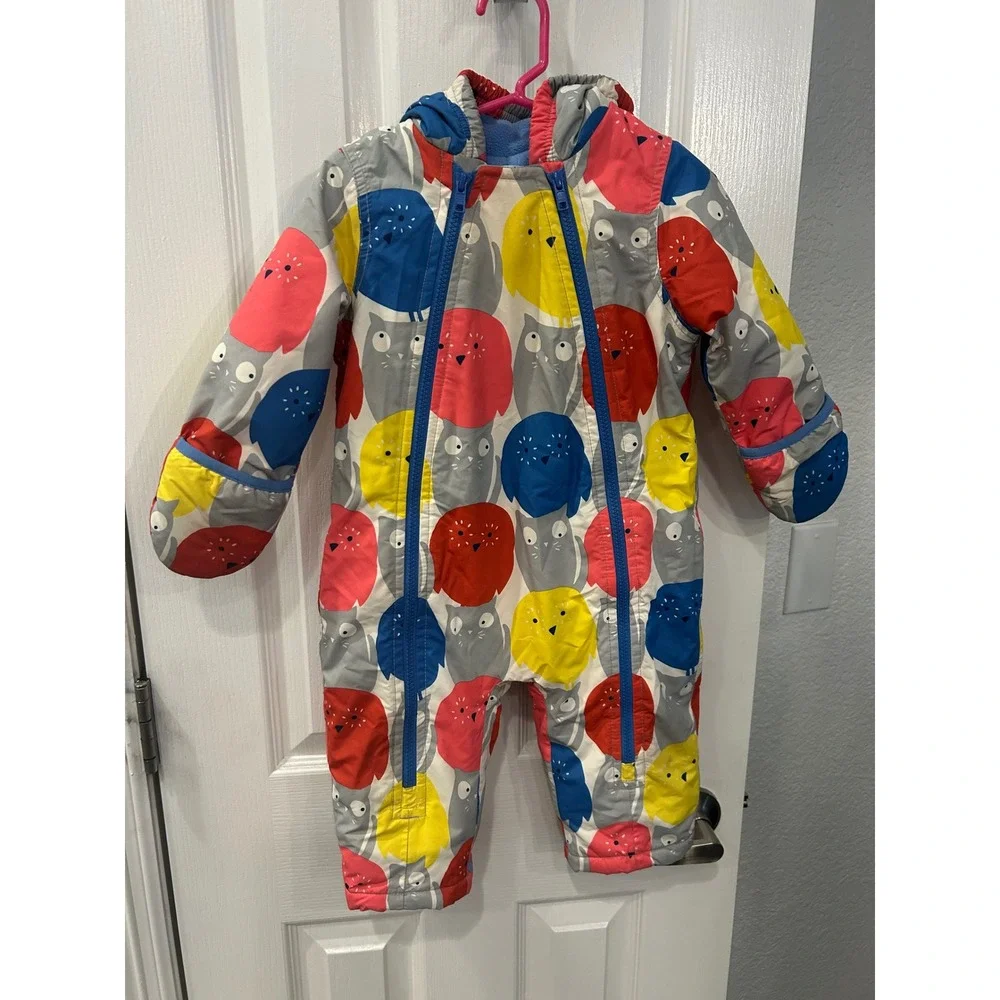 Baby Boden Owl Print Hooded Snowsuit Fleece Lined Blue‎ Red Yellow 12-18 Months
